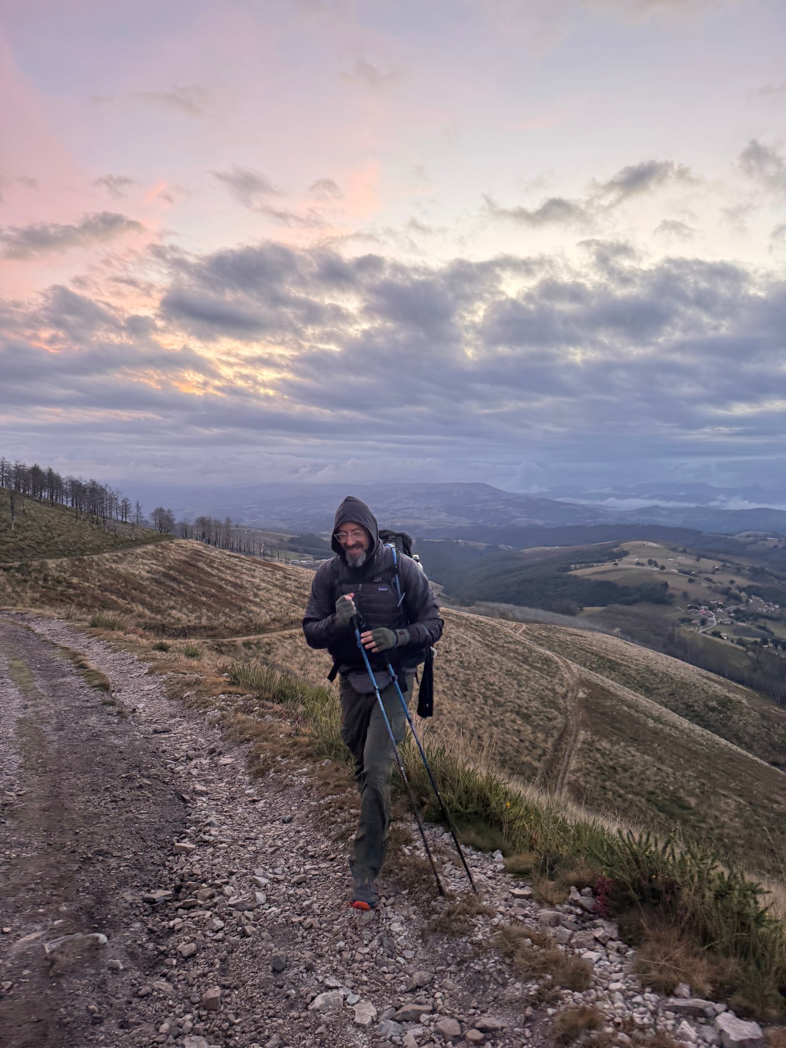 Walking the Camino at dawn, mountains of northern Spain