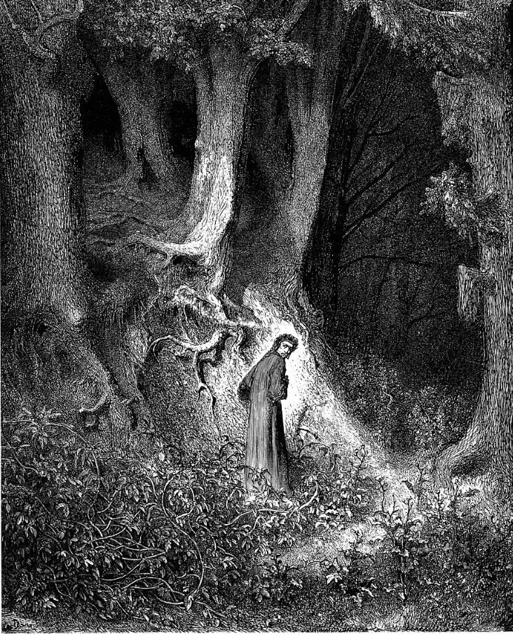 Gustave Doré engraving for Dante's Inferno — a lone figure in a dark wood, the straightforward pathway lost