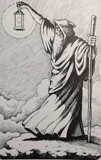Pen-and-ink drawing of a hooded hermit holding a lantern aloft, leaning on a staff