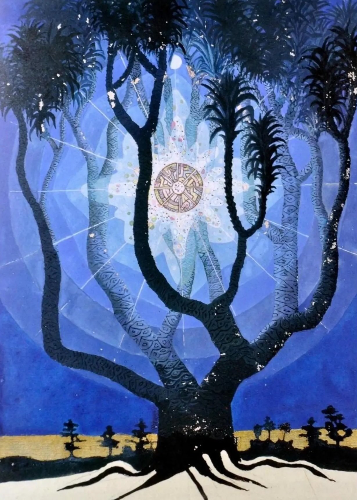Tree of life beneath a radiant mandala star — painted in blues and gold