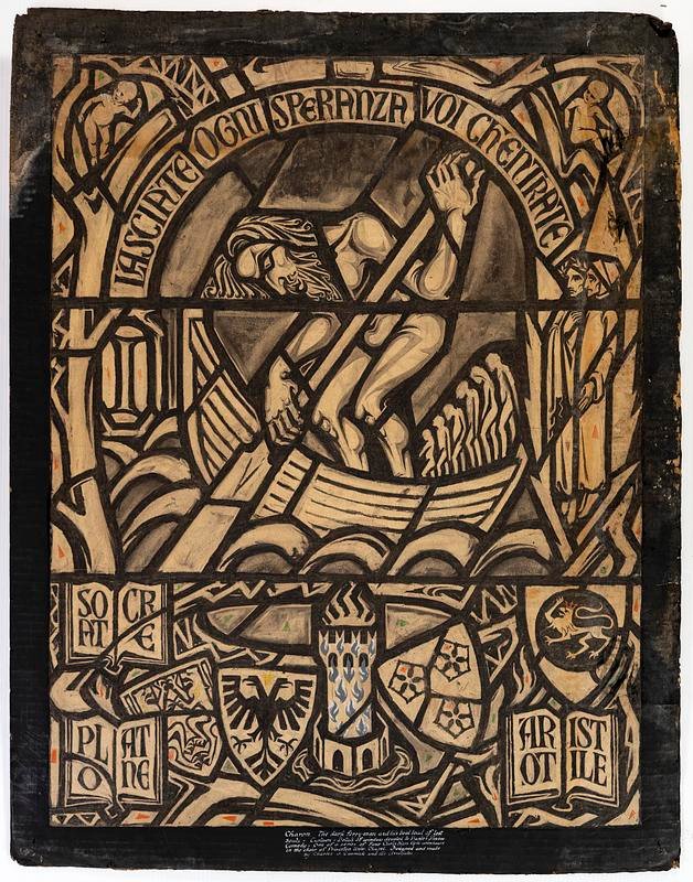 Ink drawing of Charon, ferryman of the underworld, with Dante's inscription and the names of the philosophers