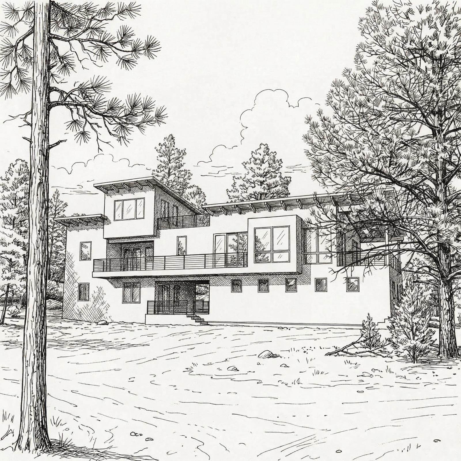 Pen-and-ink sketch of the chalet at Edoras, set among the pines
