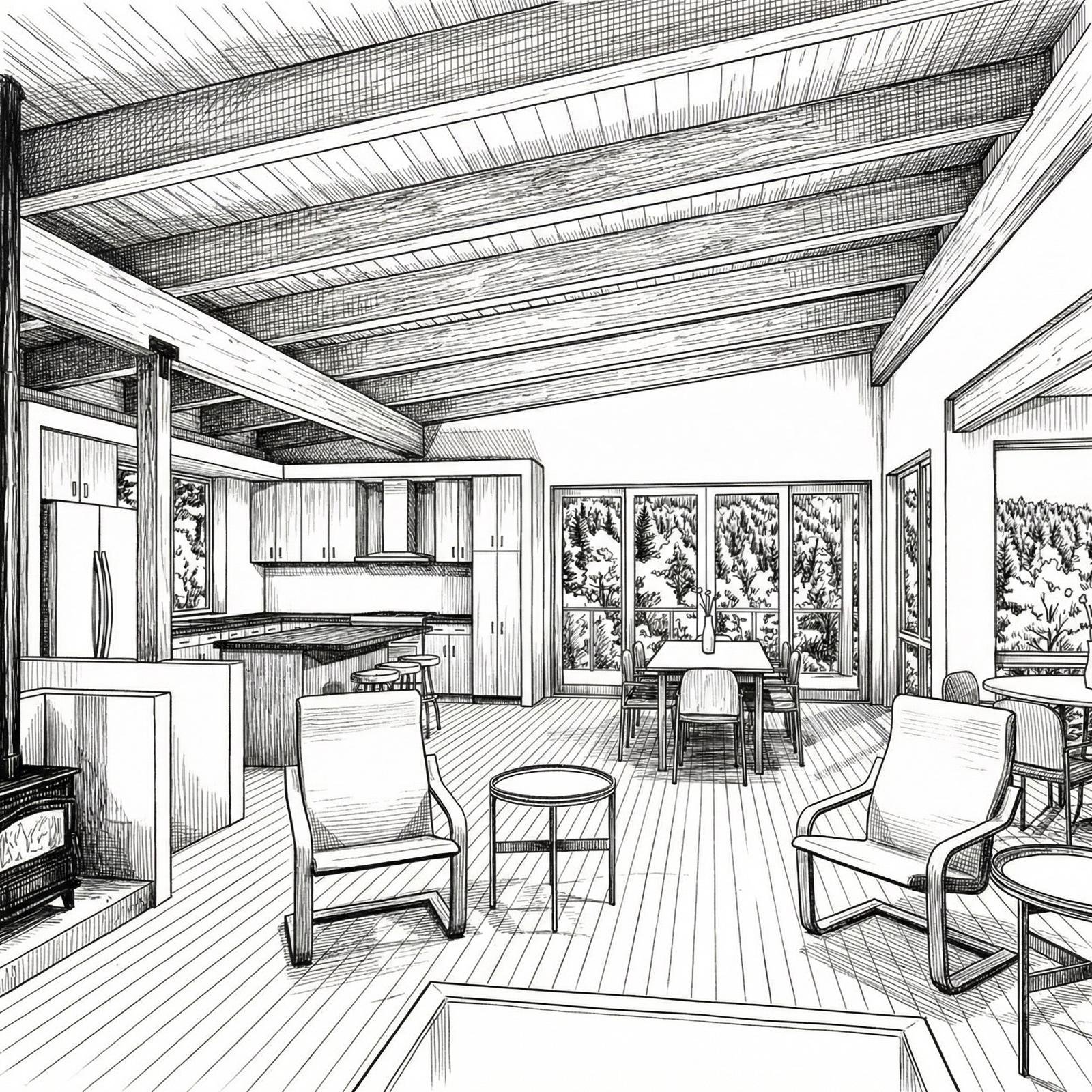 Interior sketch — open beams, kitchen, gathering space