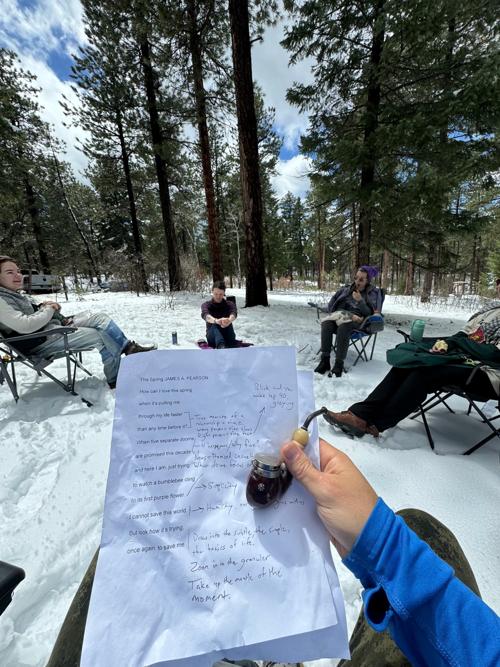 Reading poetry in the snow with the group