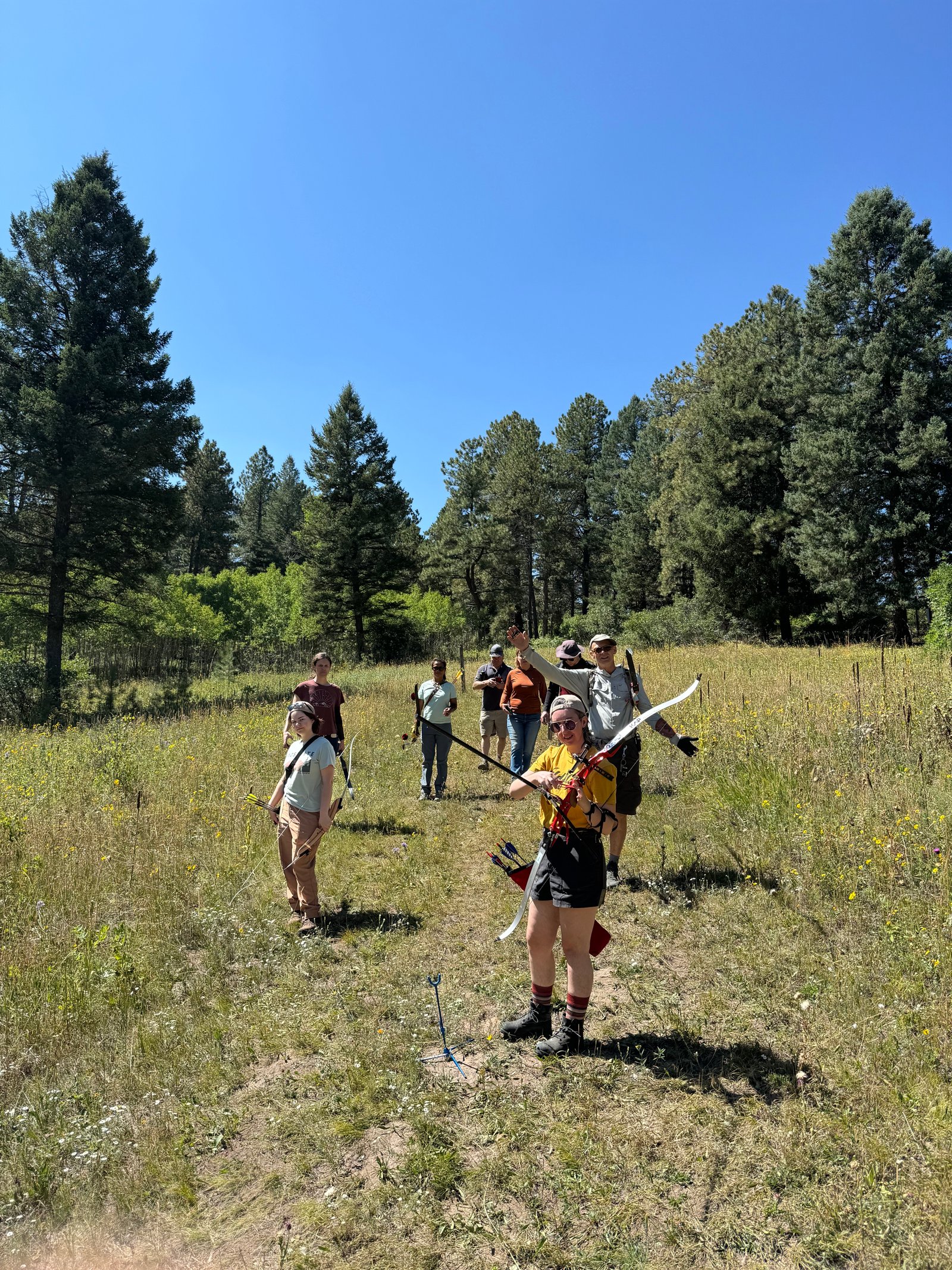 Group of archers in a sunlit summer meadow